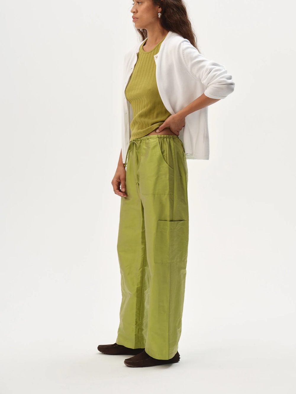 DONNI Silk Taffeta Cargo Pant Pistachio Green XXS - Picture 3 of 9